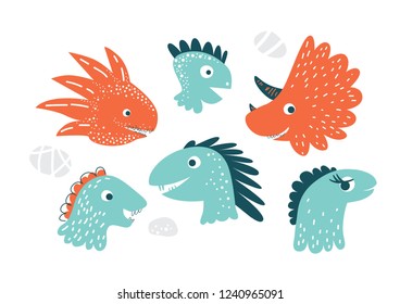 Dinosaurs cute vector illustration in flat cartoon style. Illustration for nursery t-shirt, kids apparel, logo, invitation, poster, card, baby shower