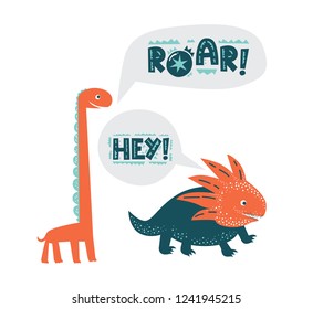 Dinosaurs cute vector illustration in flat cartoon style. Roar and Hey hand drawn lettering. Illustration for nursery t-shirt, kids apparel, logo, invitation, poster, card, baby shower