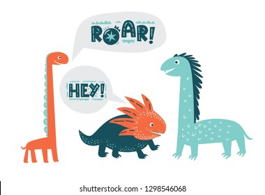 Dinosaurs cute vector illustration in flat cartoon style. Roar and Hey hand drawn lettering. Illustration for nursery t-shirt, kids apparel, logo, invitation, poster, card, baby shower