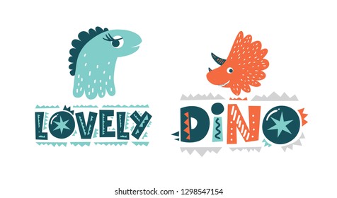 Dinosaurs cute vector illustration in flat cartoon style. Dino and Lovely hand drawn lettering. Illustration for nursery t-shirt, kids apparel, logo, invitation, poster, card, baby shower