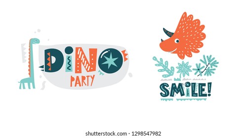 Dinosaurs cute vector illustration in flat cartoon style. Dino party and Smile! hand drawn lettering. Illustration for nursery t-shirt, kids apparel, logo, invitation, poster, card, baby shower