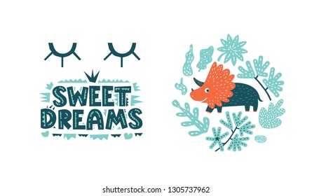 Dinosaurs cute vector illustration in flat cartoon style. Sweet dreams hand drawn lettering. Illustration for nursery t-shirt, logo, invitation, poster, card, baby shower