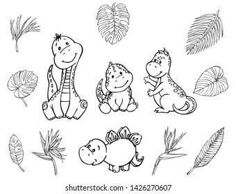 the dinosaurs are cute, vector outline contour of exotic plants,