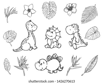 the dinosaurs are cute, vector outline contour of exotic plants,