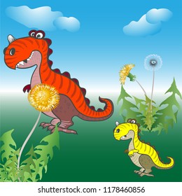 Dinosaurs and dandelions, cartoon character. Vector background images. Illustrations for children. Use printed materials, signs, objects, websites, maps, posters, postcards.