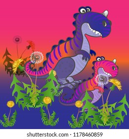 Dinosaurs and dandelions, cartoon character. Vector background images. Illustrations for children. Use printed materials, signs, objects, websites, maps, posters, postcards.