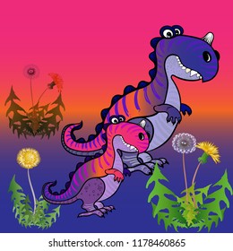Dinosaurs and dandelions, cartoon character. Vector background images. Illustrations for children. Use printed materials, signs, objects, websites, maps, posters, postcards.