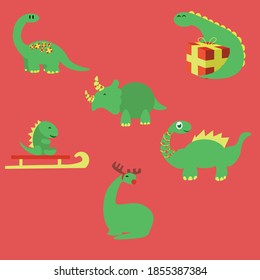 dinosaurs for decoration in the new year, Christmas, red, garland, happiness, smiles, green