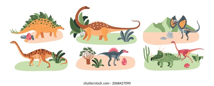 Dinosaurs design concept with six isolated compositions of wild reptiles eggs on exotic terrain with plants vector illustration