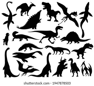 Dinosaurs and dino monsters icons. Predators and herbivores icon collection. Set of black vector silhouettes. Dinosaurs from jurassic period. Triceratops T-rex brontosaurus and others