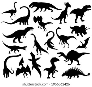 Dinosaurier und Dino-Monster-Symbole. Raubtiere und Herbivores-Icon-Sammlung. Satz von schwarzen Vektorsilhouetten. Dinosaurier aus der Jurassik-Zeit. Triceratops T-rex brontosaurus u.a.