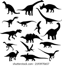 Dinosaurs and dino monsters icons. Predators and herbivores icon collection. Set of black vector silhouettes