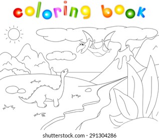 Dinosaurs diplodocus and pterodactyl on a background of  prehistoric nature: mountains, sea and ferns. Volcano spews lava. Coloring book. Vector educational illustration for children
