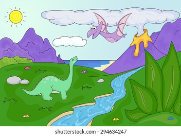 Dinosaurs diplodocus and pterodactyl on a background of  prehistoric nature: mountains, sea and ferns. Volcano spews lava. Vector educational illustration for children