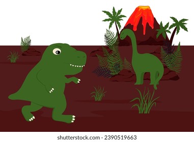 Dinosaurs are a diverse group of reptiles of the clade Dinosauria.Jurassic period, Cretaceous period. Vector stock illustration. Panorama.