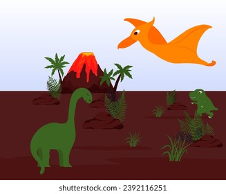 Dinosaurs are a diverse group of reptiles of the clade Dinosauria.Jurassic period, Cretaceous period. Vector stock illustration. Panorama.