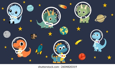 Dinosaurs doodle icon collection. Dinosaurs doodle icon set illustration. Cute dinosaurs in spacesuits flying in space.