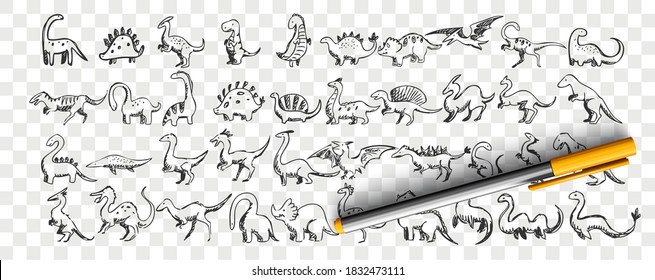 Dinosaurier-Doodle-Set. Kollektion von handgezeichneten Comic-Spielzeug lustigen Dino-Figuren Tyrannosaurus, Stegosaurus und Diplodocus auf transparentem Hintergrund Prähistorische Tiere Illustration.