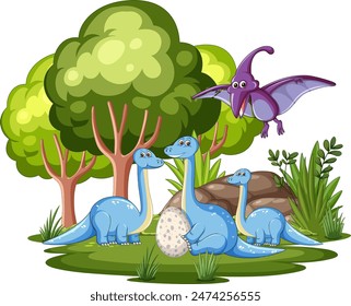 Dinosaurs with egg in lush forest
