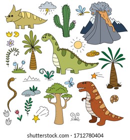 Dinosaurs, eggs, plants, and volcano doodles. Isolated color doodles on a white background. 