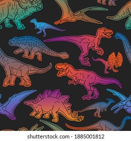 Dinosaurs Emoji Pattern. Jurassic Animals Seamless Background Symbols. Silhouette Emoticon Prehistoric Design Vector.