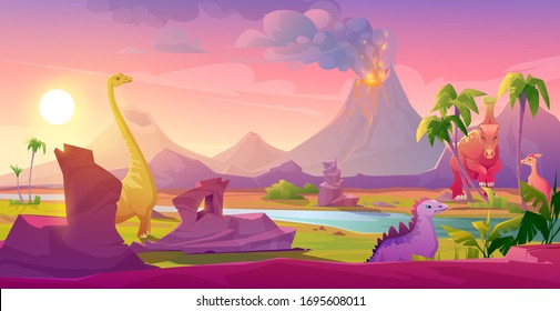 Dinosaurs at erupting volcano landscape. Prehistoric volcanic eruption background, palm trees sky with shining sun. Jurassic era of Earth evolution, tropical scenery land cartoon vector illustration