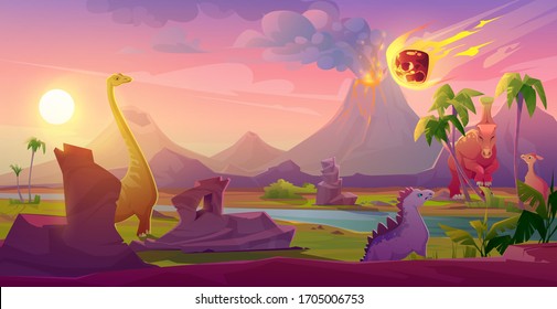 Dinosaurs extinct with meteorite falling on Earth. Asteroid explosion in end of Jurassic, Cretaceous or Triassic prehistoric era with erupting volcano. Planet evolution cartoon vector landscape, panic