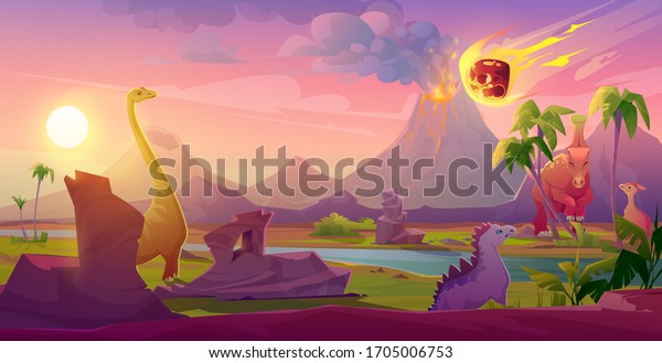 Dinosaurs extinct with meteorite falling on Earth.\
Asteroid explosion in end of Jurassic, Cretaceous or Triassic\
prehistoric era with erupting volcano. Planet evolution cartoon\
vector landscape,\
panic