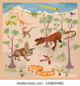 Dinosaurs extinction fantasy map sene of ancient paleontological world and animals The Last Fight