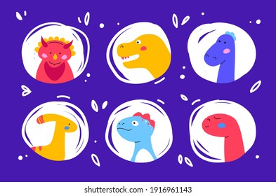 Dinosaurs faces - set of flat design style characters. Extinct animals, dino collection. Bright colorful images of brachiosaurus, T-rex, diplodocus, triceratops, parasaurolophus in round frames