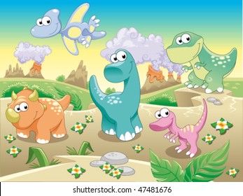 Dinosaurs Family with background. Funny cartoon and vector illustration. Isolated objects.