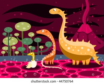 Dinosaurs family and volcano -vector