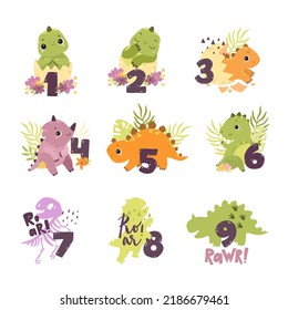 Dinosaurs and figures. Vector set of dinosaurs. Cute baby dinosaurs and numbers, kids clipart, Little dinos. Baby shower. Kids party, birthday. Kids print