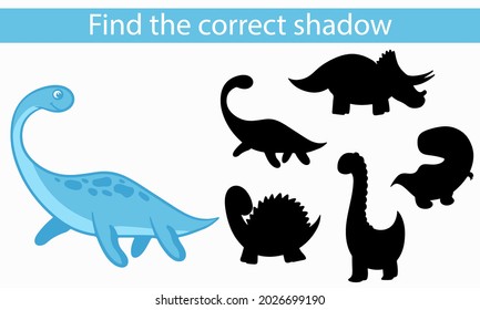 Dinosaurs. Find the correct shadow. Educational game for children. Vector illustration, cartoon style.