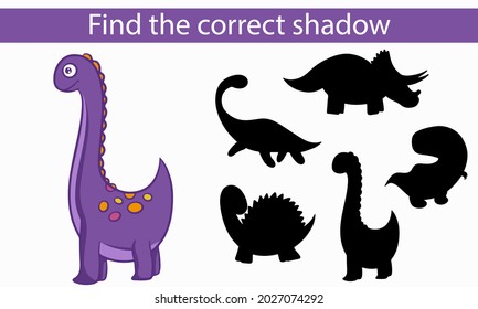 Dinosaurs. Find the correct shadow. Educational game for children. Vector illustration, cartoon style.