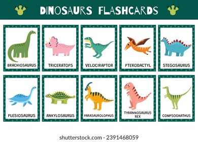 Dinosaurs flashcards collection for kids. Flash cards set with cute dino characters for practicing reading skills. Brachiosaurus, triceratops, Tyrannosaurus rex and more. Vector illustration