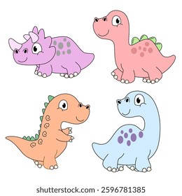 Dinosaurs in flat cartoon style. Dinosaur vector illustration. Super Cute dinosaurs on white background.
Children's collection includes cute dinosaurs, palm trees, volcanoes. Cute prehistoric dinosaur