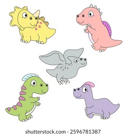 Dinosaurs in flat cartoon style. Dinosaur vector illustration. Super Cute dinosaurs on white background.
Children's collection includes cute dinosaurs, palm trees, volcanoes. Cute prehistoric dinosaur