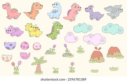 Dinosaurs in flat cartoon style. Dinosaur vector illustration. Super Cute dinosaurs on white background.
Children's collection includes cute dinosaurs, palm trees, volcanoes. Cute prehistoric dinosaur