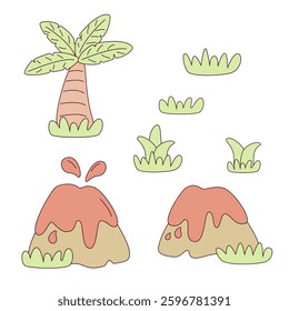 Dinosaurs in flat cartoon style. Dinosaur vector illustration. Super Cute dinosaurs on white background.
Children's collection includes cute dinosaurs, palm trees, volcanoes. Cute prehistoric dinosaur