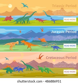 Dinosaurs flat horizontal banners set of design backgrounds with groups of giant ancient pangolins lived millions years ago vector illustration 