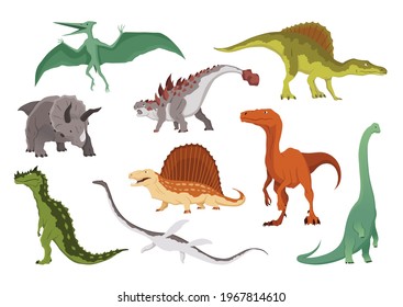 Dinosaurs flat icon collection. Colored isolated prehistoric reptile monsters on white background. Vector cartoon dino animals set including Pteranodon, Triceratops, Allosaurus, Dimetrodon