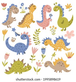 Dinosaurs and flowers clip art set. Vector illustration.