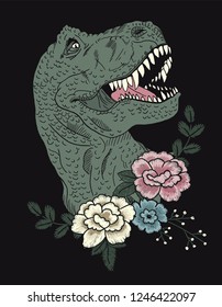 dinosaurs flowers embroidery