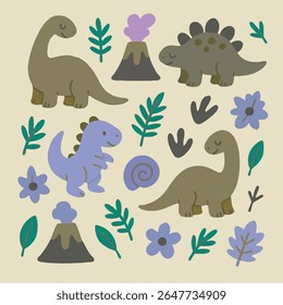 Dinosaurs, flowers, leaves, and volcanoes on a beige background