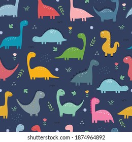 Dinosaurs and flowers Seamless pattern Cute cartoon animal background hand-drawn in kids style for print, wallpaper, decorative, fabric, textile. Vector illustration