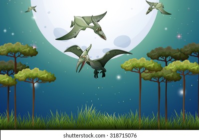 Dinosaurs flying on fullmoon night illustration