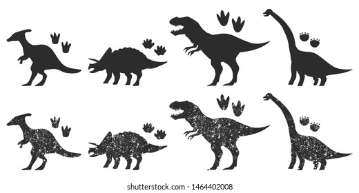 Dinosaurs and footprints black silhouette vector set isolated on a white background. svg