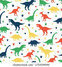 Dinosaurs and footprints vector cartoon seamless pattern on a white background for wallpaper, wrapping, packing, and backdrop.
