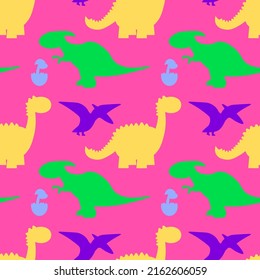Dinosaurs and footprints vector cartoon seamless pattern on a pink background for wallpaper, wrapping, packing, and backdrop. EPS